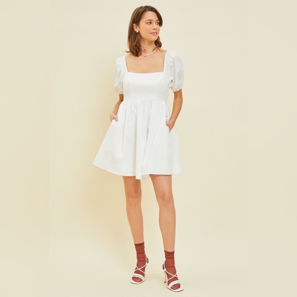 Puff Sleeve Baby Doll Dress with Bow Back and Pockets - Picture 3 of 8